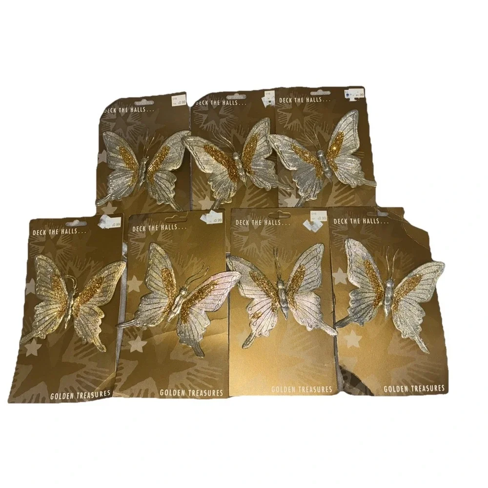 Gold Butterfly Ornaments Glitter Golden Treasures‎ Lot Of 7 1995 Vintage